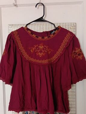 Angie Wine Red Embroidered Peasant Blouse